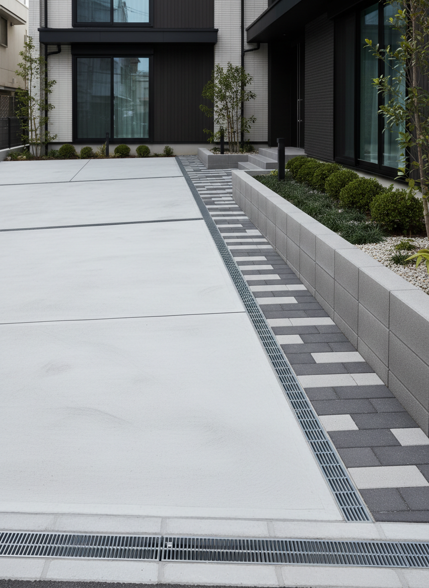 A close-up, photographic realism view of a newly completed exterior hardscape in front of a modern residential building in Koto Ward, showcasing a pristine concrete driveway, carefully laid interlocking pavers, and a low, clean-lined retaining wall made of smooth gray blocks. Metal drainage grates run perfectly straight along the edge of the pavement, and a small, precisely trimmed planting bed adds subtle greenery. Soft overcast daylight eliminates harsh shadows, revealing fine textures in the concrete and stone. Shot at eye level using the rule of thirds, the composition highlights craftsmanship and attention to detail, creating a calm, reliable, and professional atmosphere ideal for illustrating exterior construction and landscaping quality.
