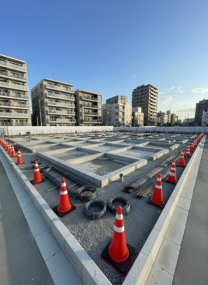 A meticulously organized urban construction site in Koto City, featuring freshly poured concrete foundations, neatly stacked steel rebar, and cleanly arranged orange safety cones around the perimeter. The ground is compacted gravel leading to smooth, newly formed curbs. In the background, mid-rise apartment buildings and a clear blue Tokyo sky establish the city context. Soft afternoon natural light creates crisp, realistic shadows and subtle highlights on the concrete surfaces. Captured in photographic realism from a slightly elevated angle with sharp focus throughout, the composition feels orderly and professional, conveying reliability and precision in civil engineering work, with a calm, efficient atmosphere suitable for a corporate construction company website hero image.
