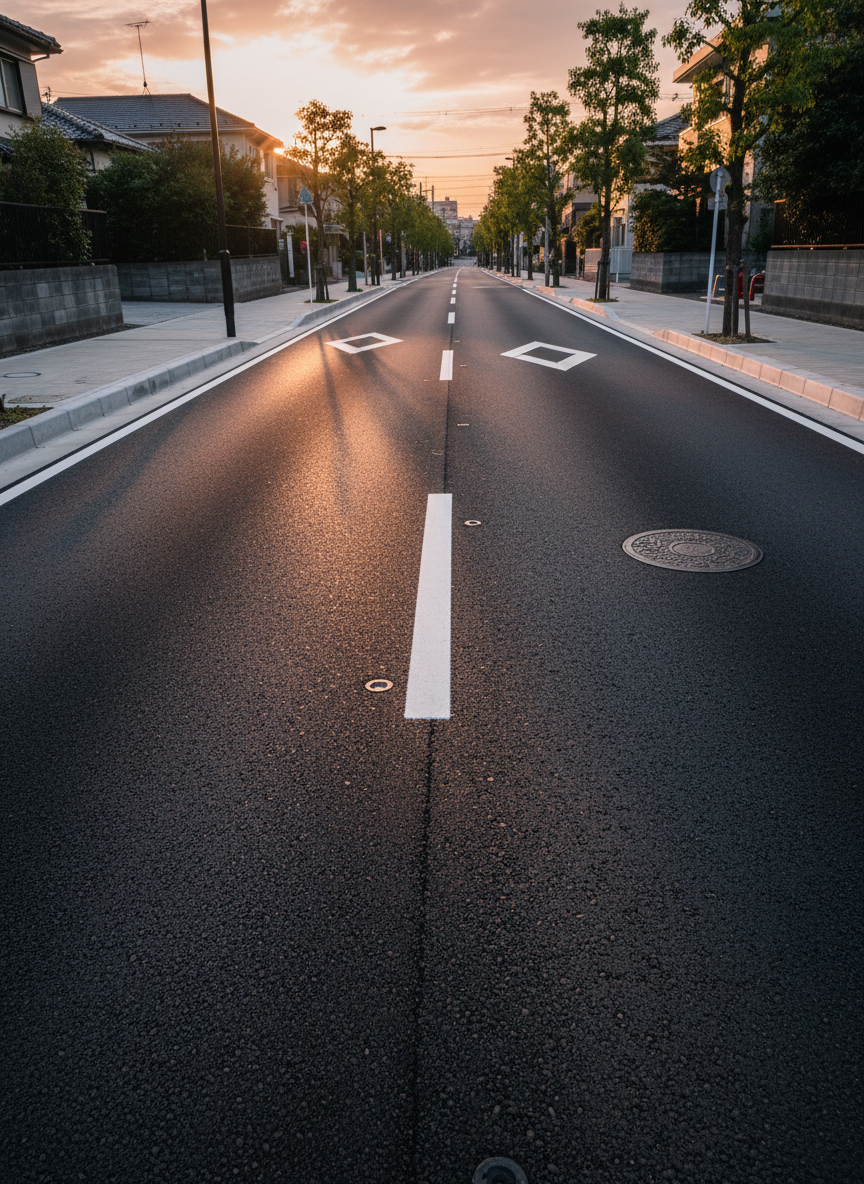 A wide, photographic realism shot of a newly paved urban road section with deep black asphalt, crisp white lane markings, and flawlessly aligned curbstones leading into a quiet neighborhood street in Koto City. Reflective road studs and manhole covers sit perfectly flush with the pavement, demonstrating precise civil engineering work. The scene is captured during golden hour, with warm sunlight skimming across the asphalt surface, emphasizing its smoothness and casting long, gentle shadows from nearby utility poles and low walls. Framed from a low-angle perspective looking along the road’s length, the image conveys durability, safety, and long-term reliability in pavement construction, with a clean, modern, and professional mood.